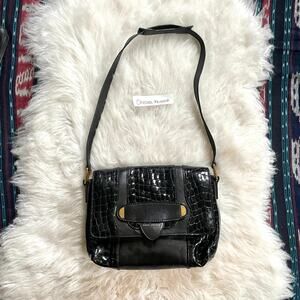 Marc Jacobs Black Leather Croc Embossed Shoulder Flap Bag